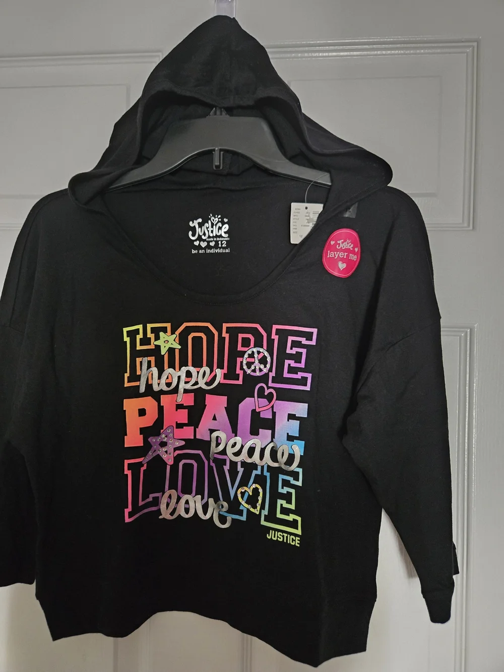 Justice Black Cropped Graphic Sweatshirt - Rainbow HOPE PEACE LOVE